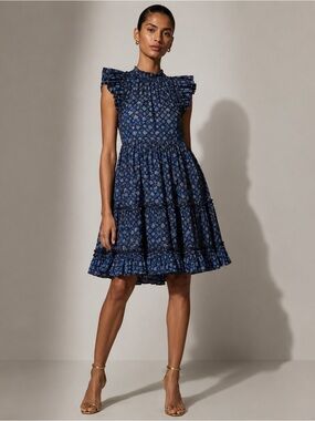 Ulla Johnson Navy Blue Flutter Sleeve Dress Relaxed Fit Size 0 PTP 18” MSRP $375